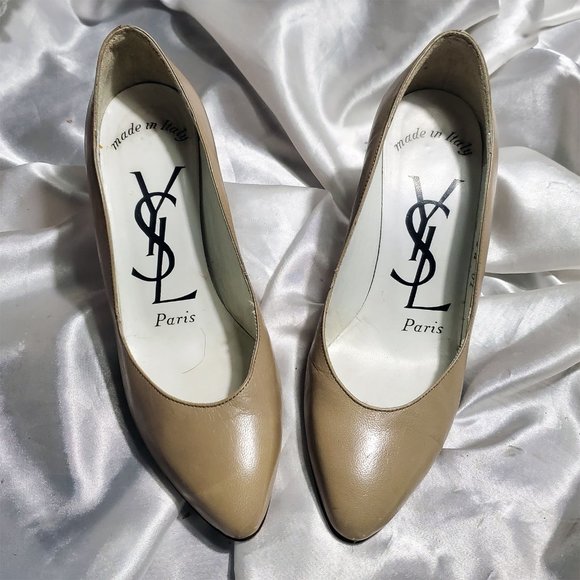 Vintage YSL beige tan thick high heel leather pumps SZ 5.5 - Picture 2 of 5